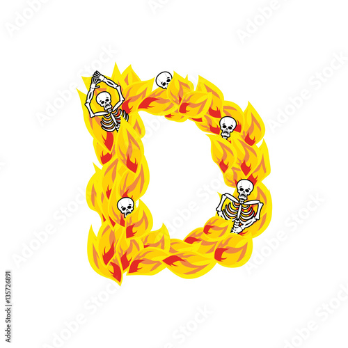 Letter D hellish flames and sinners font. Fiery lettering. Infer