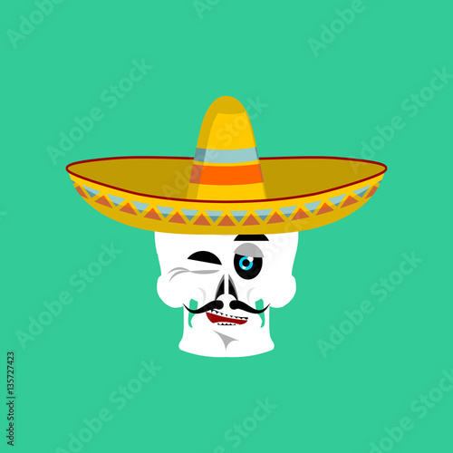 Skull in sombrero winking Emoji. Mexican skeleton for traditiona