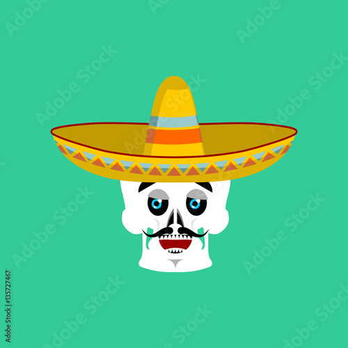 Skull in sombrero happy Emoji. Mexican skeleton for traditional