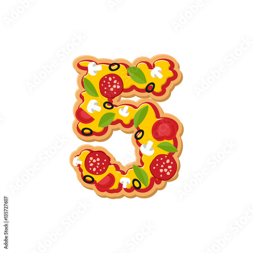 Number 5 pizza font. Italian meal alphabet numeral five. Lettrin