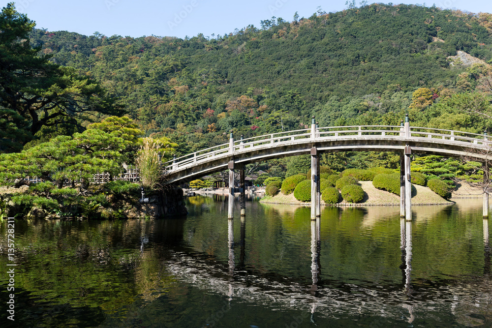 Traditional Ritsurin Garden and wooden bridge Traditional Ritsurin Garden and wooden bridge