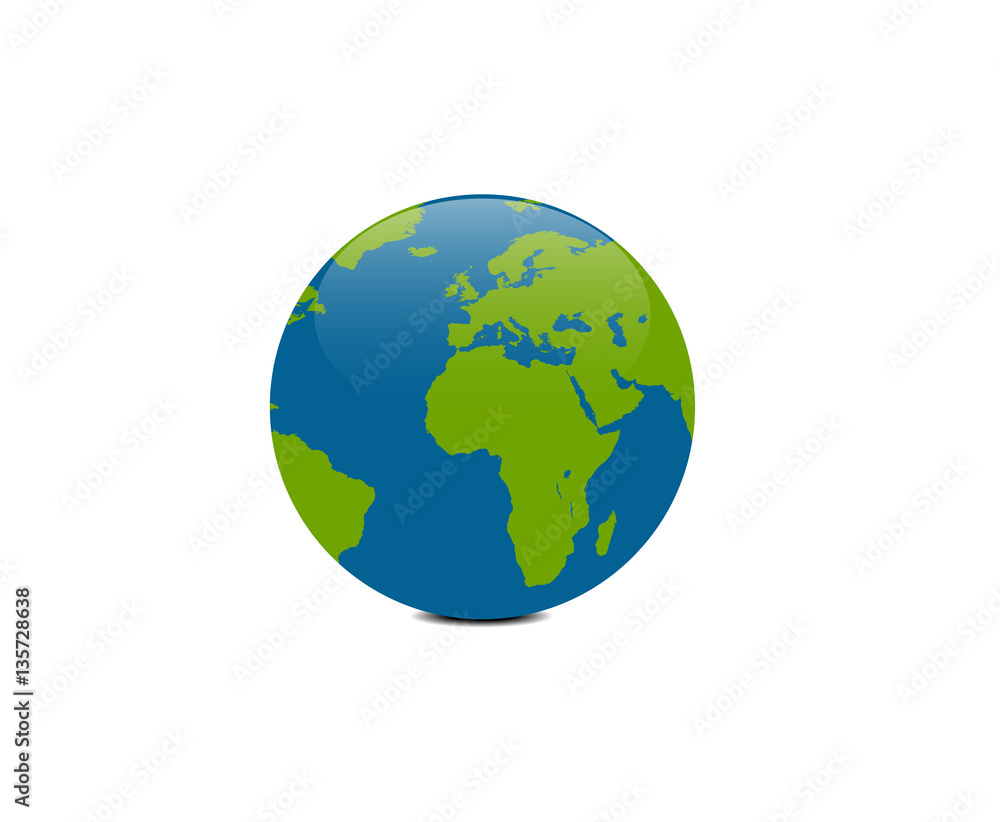 Planet Earth with shadow on a white background