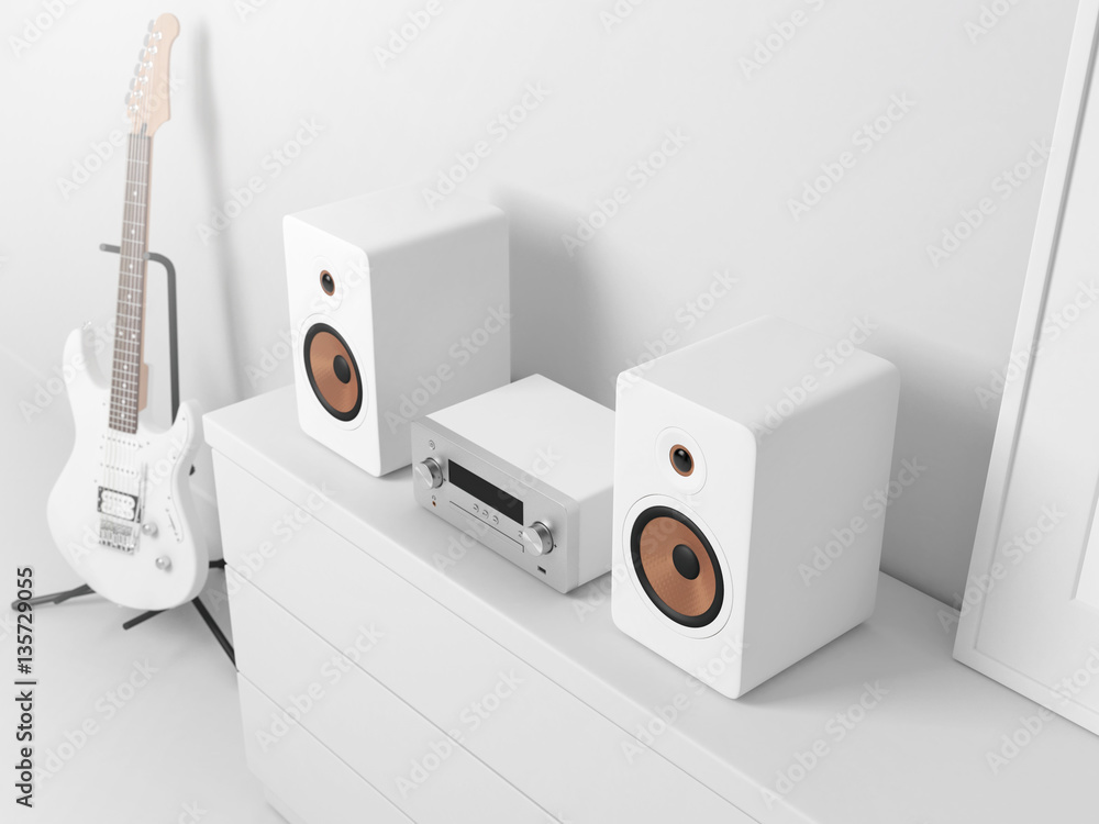 Micro Hi Fi stereo system Mockup on bureau in interior with electric  guitar, Network receiver, cd and mp3 player, 3d rendering Stock  Illustration | Adobe Stock