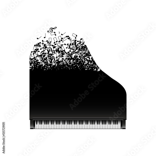 Black grand piano with flying notes, top view, vector, isolated on white