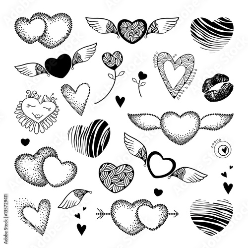 Vector Valentine day set in dotwork and contour style. Lips, dotted and striped heart, wings in black isolated on white background. Design elements and romantic holiday symbols for Valentines decor.