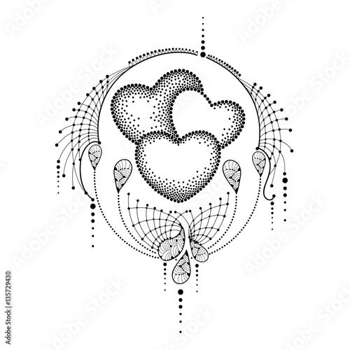 Vector illustration with three dotted heart and ornate lace in black isolated on white background. Design elements and holiday symbols in dotwork style for Valentine day or creative tattoo artwork. photo