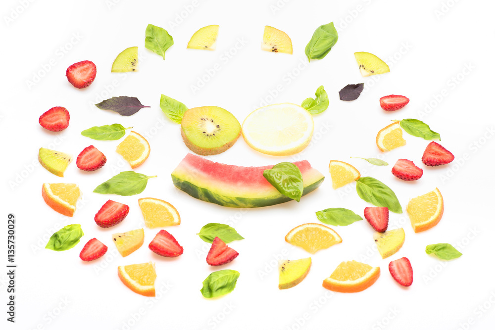 watermelon, strawberry, leaves, kiwi and orange isolated on white watermelon, strawberry, leaves, kiwi and orange isolated on white