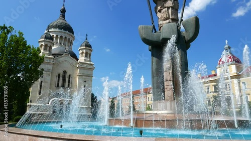 Sparkling Fountain in front of the Cathedral in the city of Cluj-Napoca in Romania.
