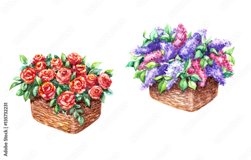 Baskets with Red Rose and Lilac Flowers