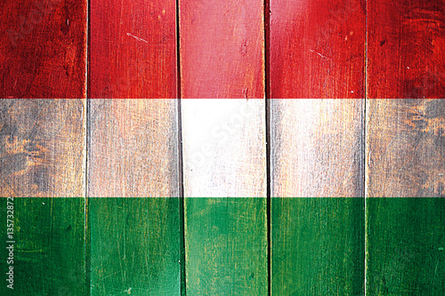 Fototapeta Vintage Hungary  flag on grunge wooden panel