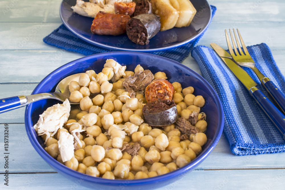 Madrid stew, typical Spanish dish with chickpeas, vegetables and meat, Madrid stew, typical Spanish dish with chickpeas, vegetables and meat,
