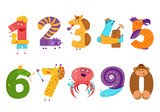 Set of cartoon animal numbers in flat style design. Collection o