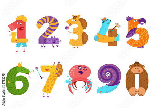 Set of cartoon animal numbers in flat style design. Collection o