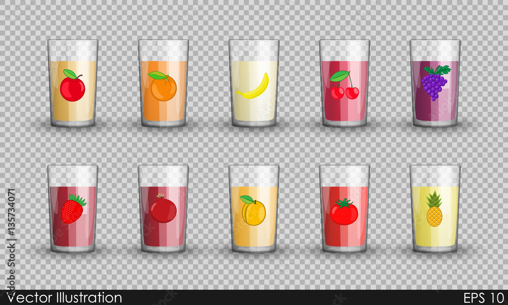 Set juice in a transparent glass cups isolated Set juice in a transparent glass cups isolated