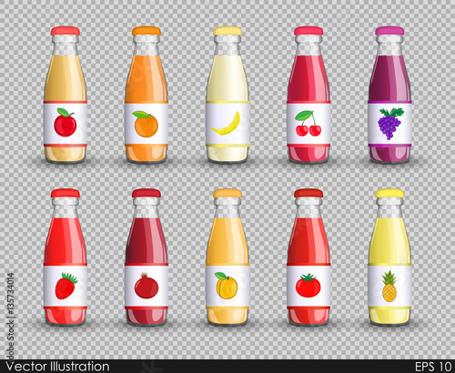 Set juice in a transparent glass bottle isolated containers