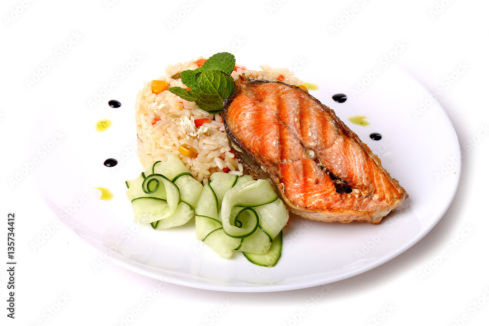 Fried salmon fish with a soaked rice