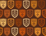 Emblems, seamless pattern, brown, vector. Vector background with orange and yellow emblem on a brown background. The coat of arms depicts twigs and flowers. The coat of arms. Natural pattern.  