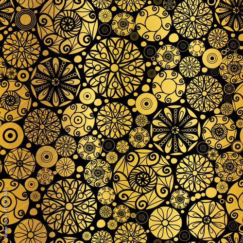 Vector Gold on Black Abstract Doodle Circles Seamless Pattern Background. Gre...