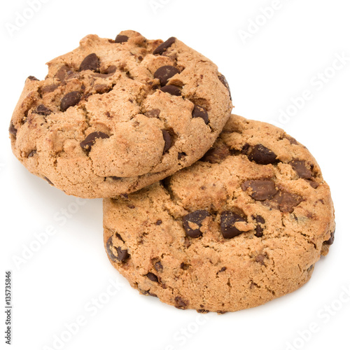 Two Chocolate chip cookies isolated on white background. Sweet b