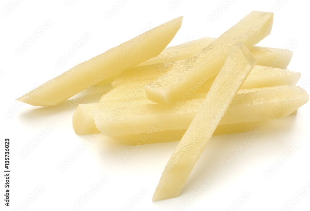Raw Potato sliced strips prepared for French fries isolated on w Raw Potato sliced strips prepared for French fries isolated on w