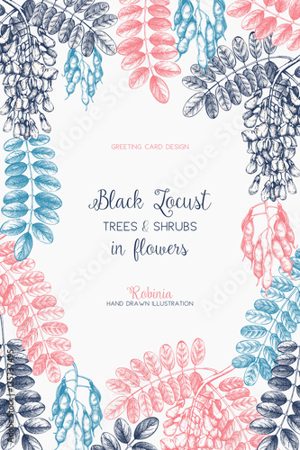Vintage trees and shrubs in flowers illustration. Valentine's Day or Wedding design template. Vector greeting card with hand drawn black locust sketch. 