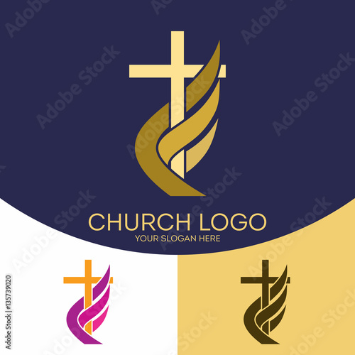 Church logo. Christian symbols.  The cross of Jesus Christ, the flame - a symbol of the Holy Spirit.