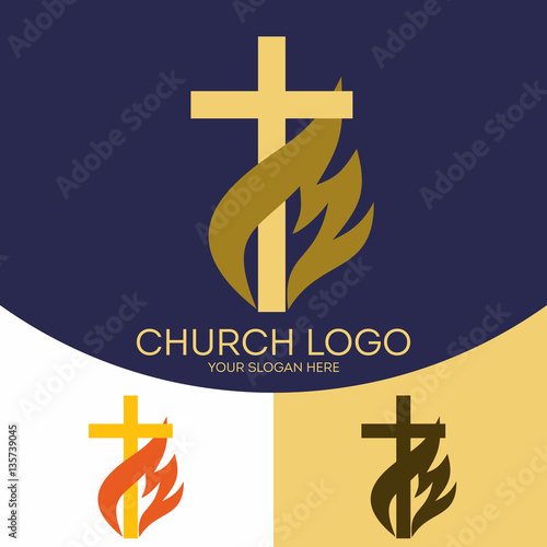 Church logo. Christian symbols.  The cross of Jesus Christ, the flame - a symbol of the Holy Spirit.
