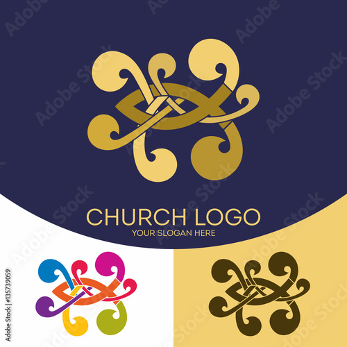 Church logo. Christian symbols. Fish - a symbol of Jesus Christ, and graphic elements.