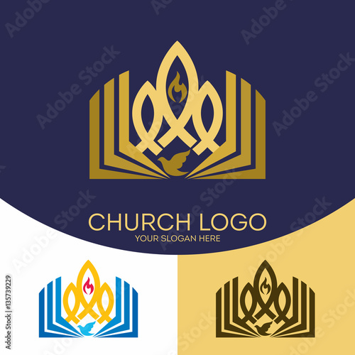 Church logo. Christian symbols. The Gospel, the Bible, the flame of the Holy Spirit, a dove and a symbol of Jesus Christ - a fish.