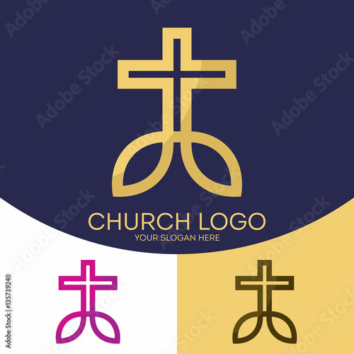 Church logo. Christian symbols. The cross of Jesus Christ and the fish - a symbol of the Lord and Savior.