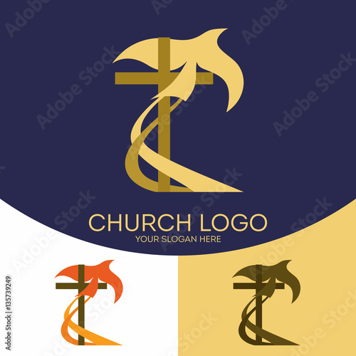 Church logo. Christian symbols. The cross of Jesus Christ, and the dove of the Holy Spirit.