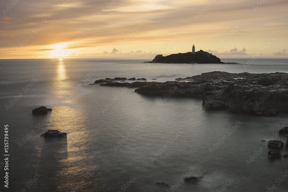 Godrevy lighthouse at sunset. Taken using long exposure.