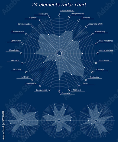 Infographic pattern. 24 elements radar chart. Character personality business traits inscriptions for example. Different empty chart with no labels. Vector illustration.