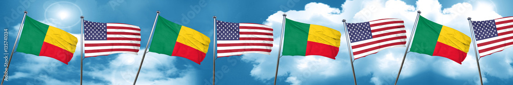 Benin flag with American flag, 3D rendering Benin flag with American flag, 3D rendering