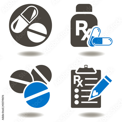 Drug pill bottle RX clipboard vector icon set. Pharmacy medicine health care web treatment support concept. Capsule vaccination medical medicament ambulance first aid service help illustration