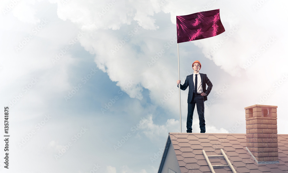 Young businessman with flag presenting concept of leadership. Mi Young businessman with flag presenting concept of leadership. Mi