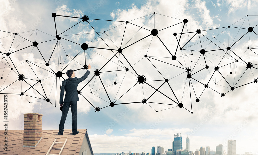 Businessman on house roof presenting networking and connection c Businessman on house roof presenting networking and connection c