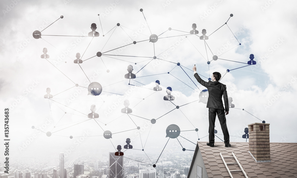 Businessman on house roof presenting networking and connection c Businessman on house roof presenting networking and connection c