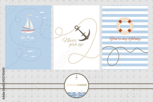 Set of three vector cards templates in marine style. Sailboat, anchors and lifebuoy.