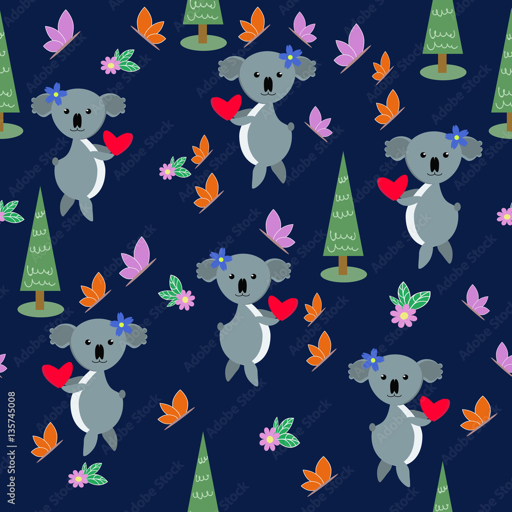 Naklejka premium Seamless pattern of vector drawn trees, koala, butterflies and flowers.