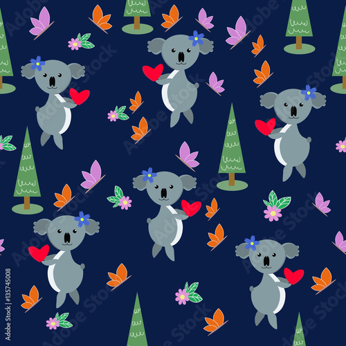 Seamless pattern of vector drawn trees  koala  butterflies and flowers.