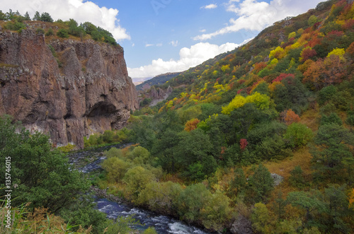 View on canyon of Arpa river near spa resort city Jermuk. Autumn's color trees. Armenia