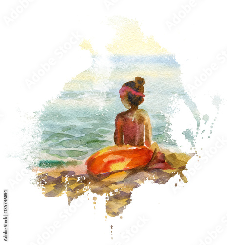 Watercolor seascape with girl 