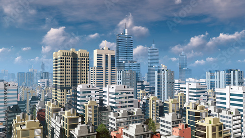 Modern high rise office buildings skyscrapers at abstract city downtown against cloudy sky during daytime. 3D illustration.