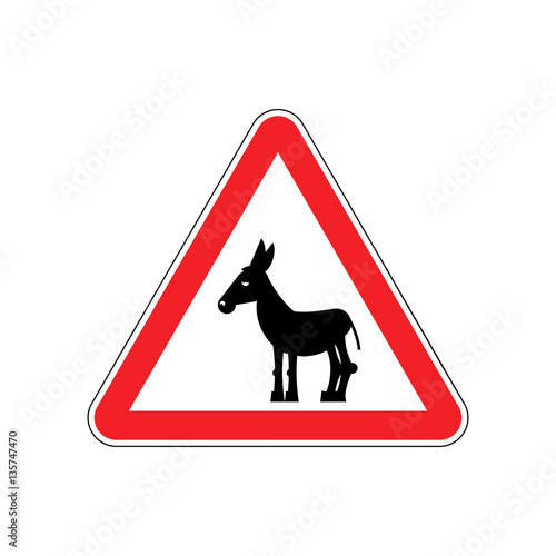Fototapet Attention donkey driving. jackass on red triangle. Road sign att