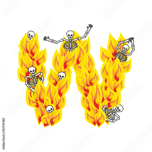 Letter W hellish flames and sinners font. Fiery lettering. Infer