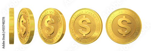 Set of gold coins with dollar sign isolated on a white backgroun