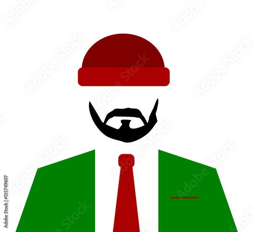 man wearing red and green suit and tie and beanie