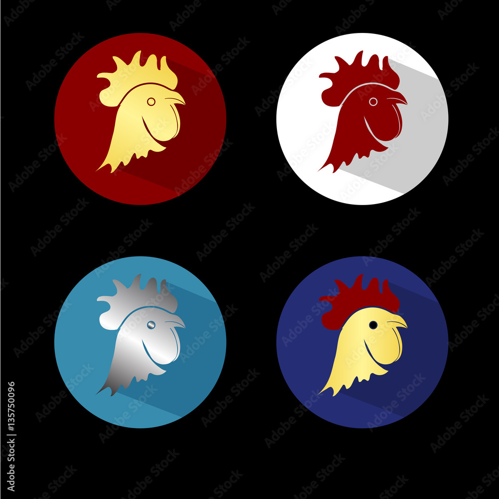 set of colored roosters icons on black background