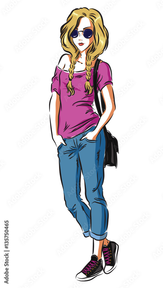 Beautiful fashion girl in jeans and t-shirt isolated on white ba Stock ...